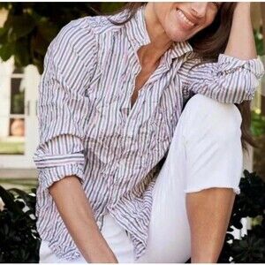 Frank & Eileen Crinkle Woven Barry Shirt Pink Green Stripe Size XS Italy Cotton
